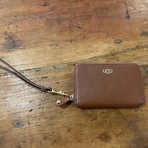 UGG Tan Leather Zip Wristlet with Gold Hardware